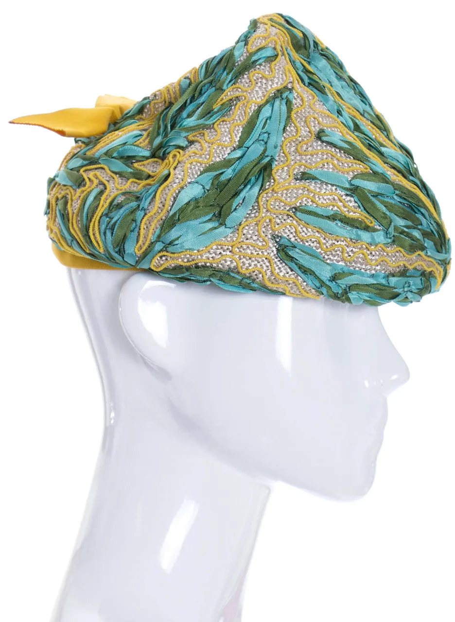 1960's Lilly Daché Dachettes Vintage Green and Yellow Straw Ribbon Hat