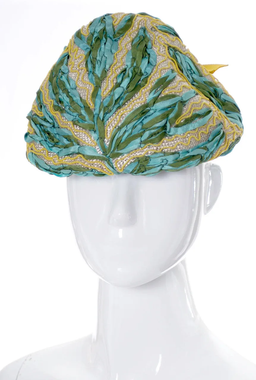 1960's Lilly Daché Dachettes Vintage Green and Yellow Straw Ribbon Hat