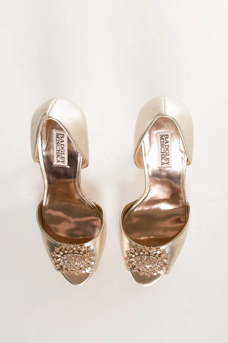 Badgley Mischka Gold Metallic Leather Peep-Toe Heels SZ 9 Sale