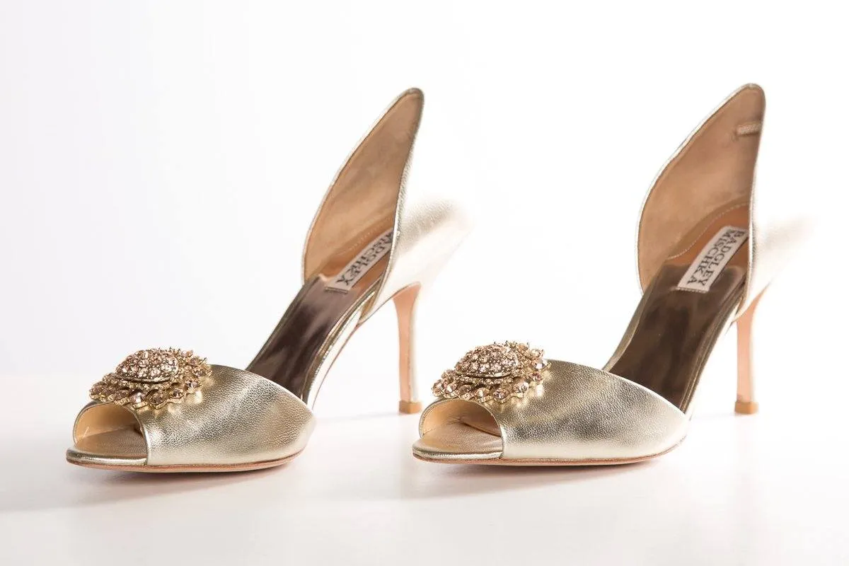 Badgley Mischka Gold Metallic Leather Peep-Toe Heels SZ 9 Sale