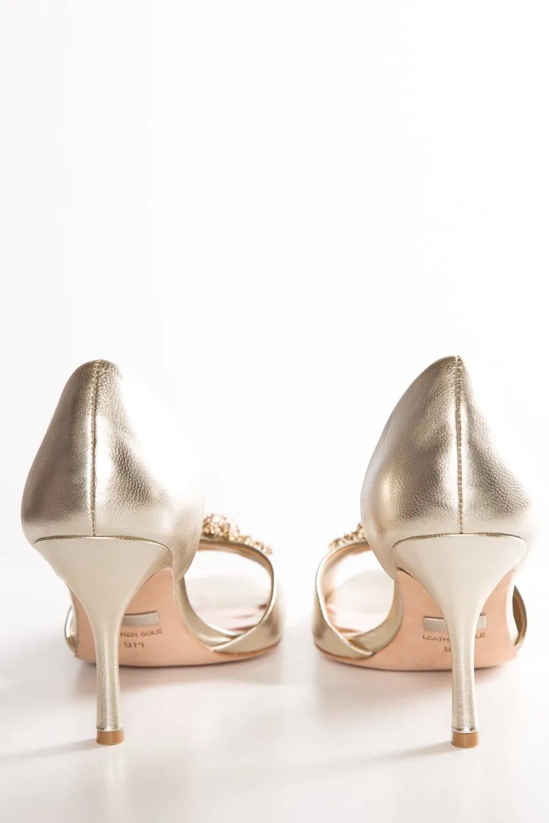 Badgley Mischka Gold Metallic Leather Peep-Toe Heels SZ 9 Sale