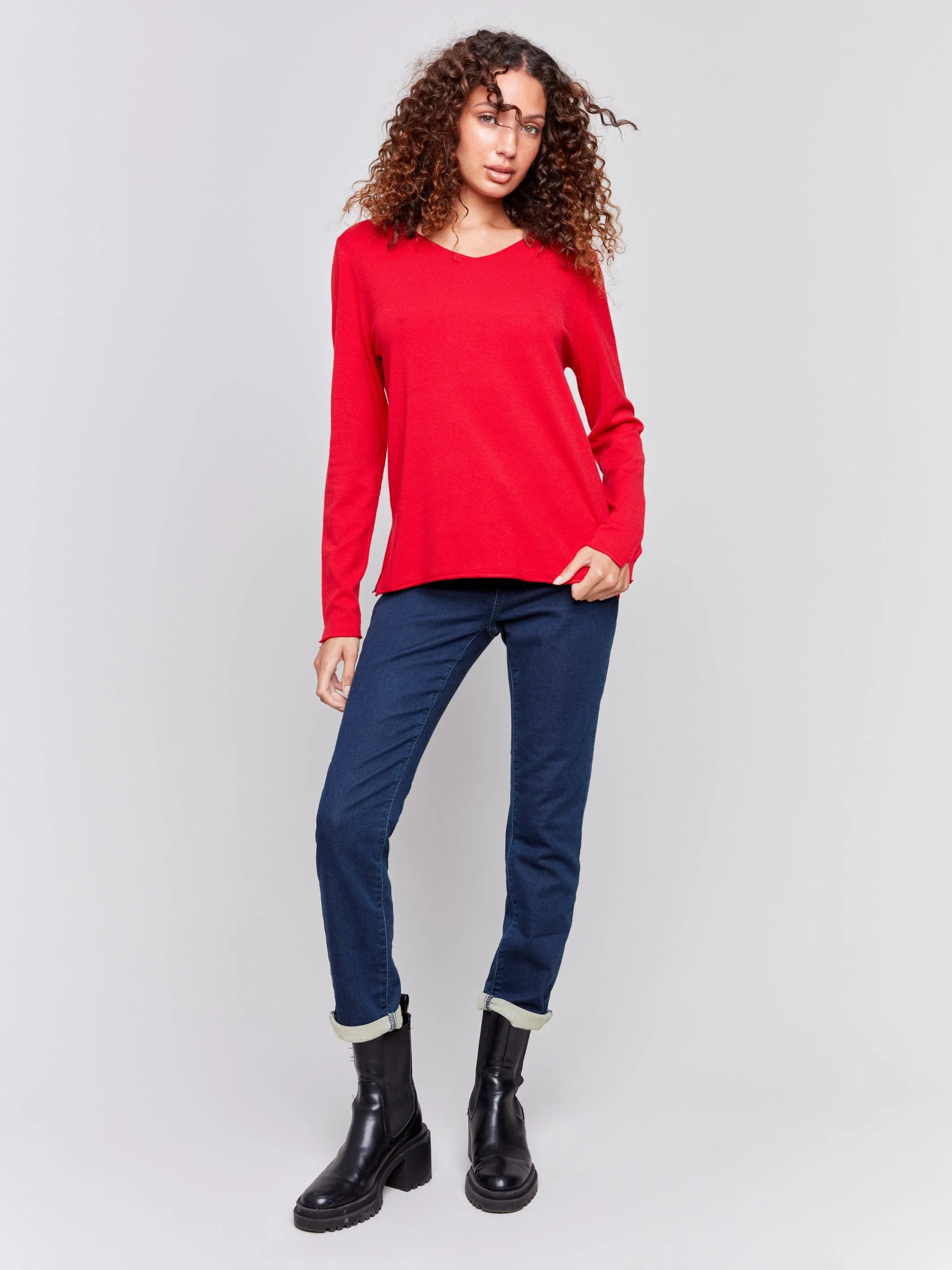 Basic V-Neck Sweater - Cranberry