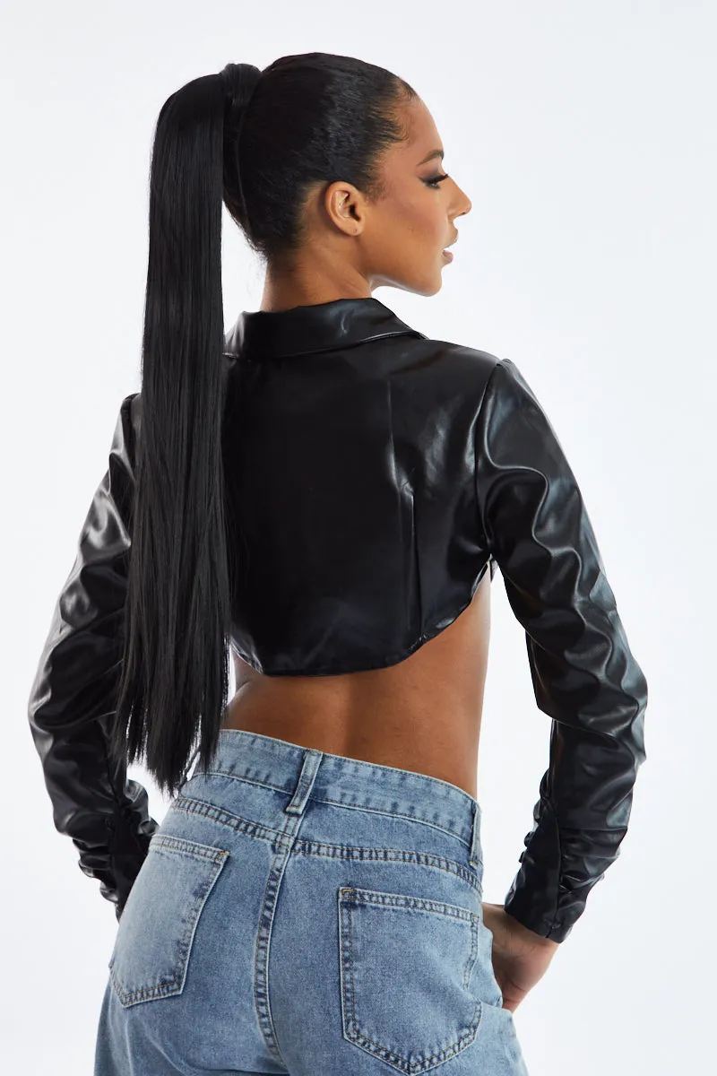 Black Faux Leather Cropped Blazer - Nyra