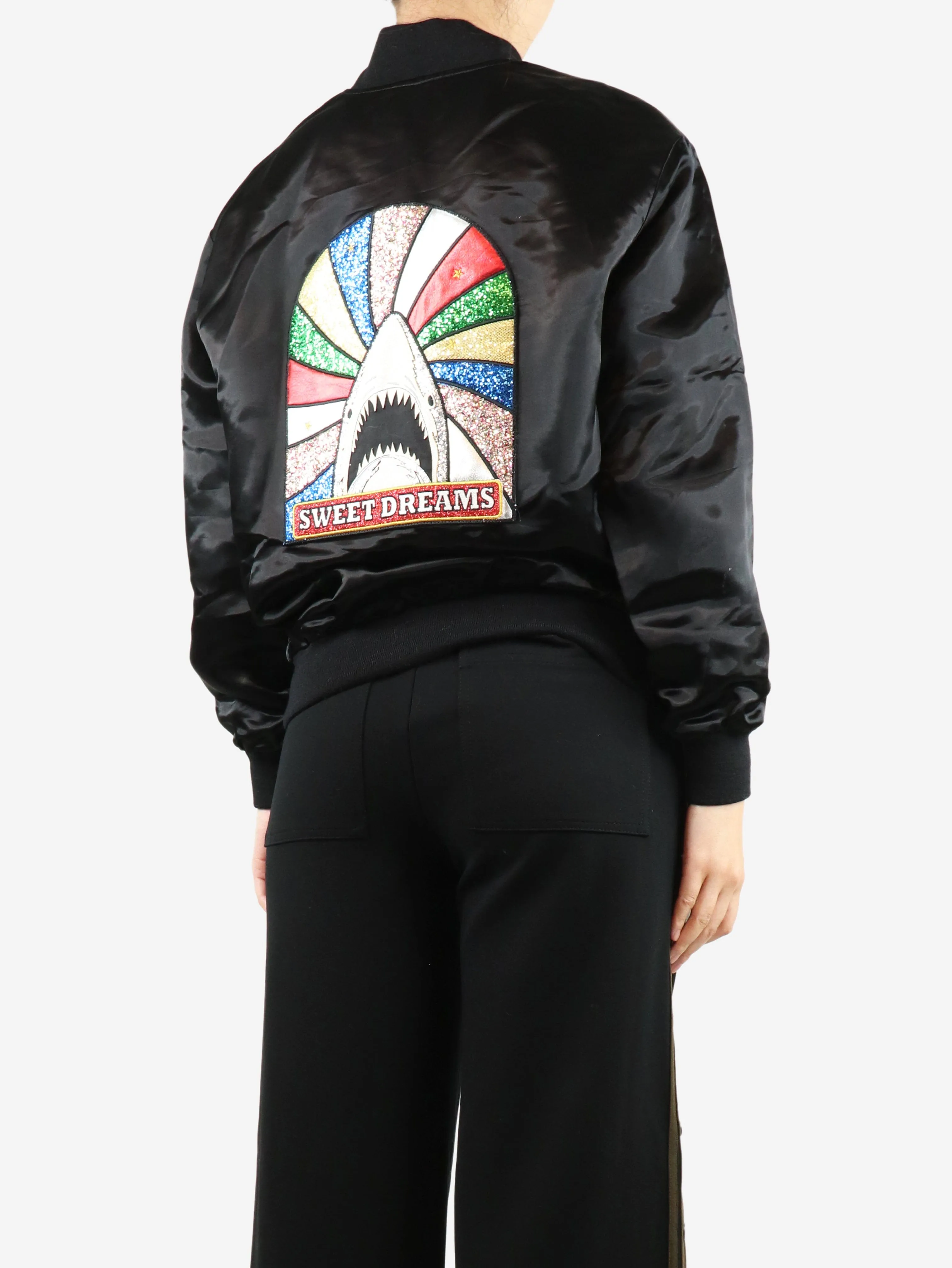 Black satin patchwork bomber jacket - size UK 10