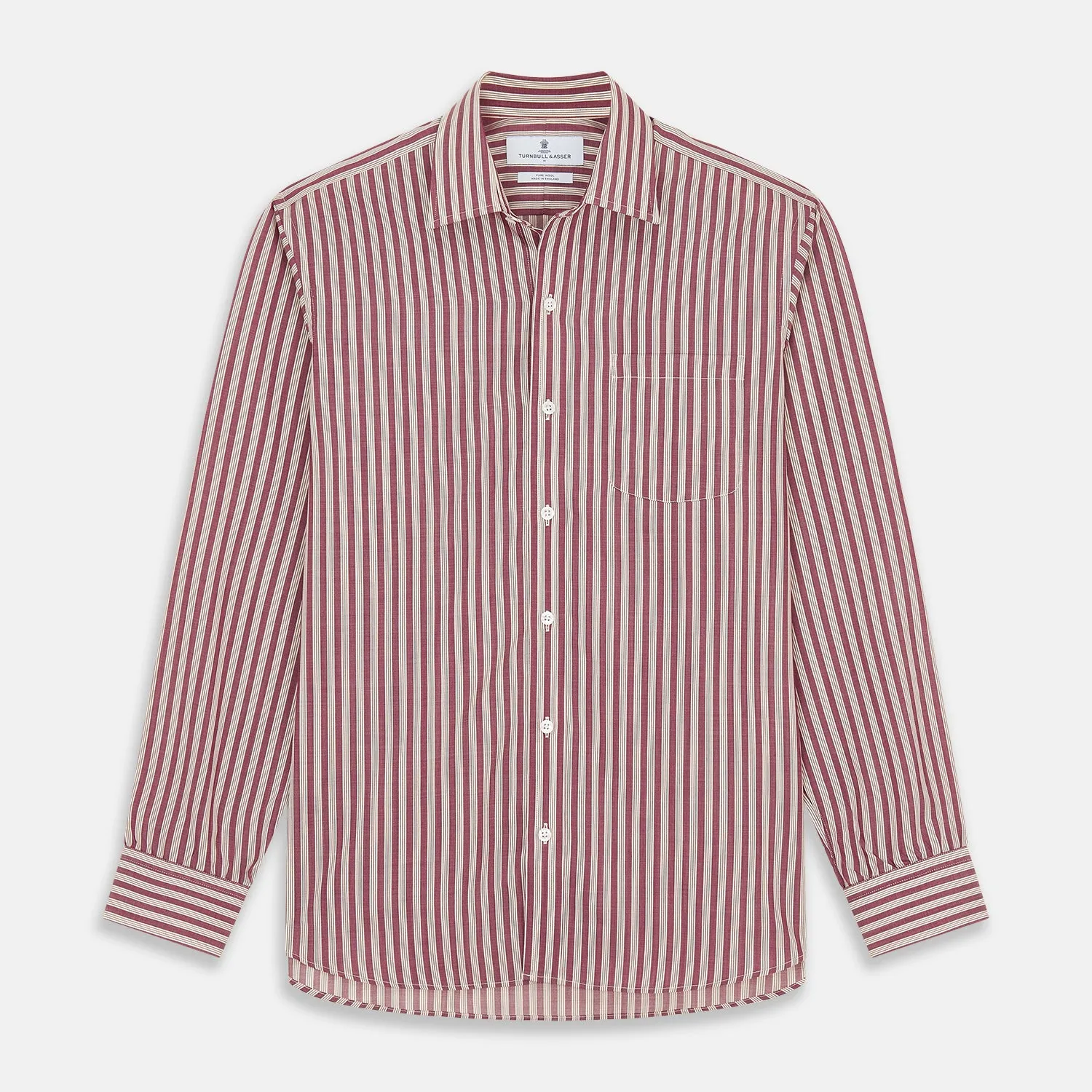 Burgundy Multi Stripe Weekend Fit Wool Shirt with Derby Collar and 1 Button Cuffs