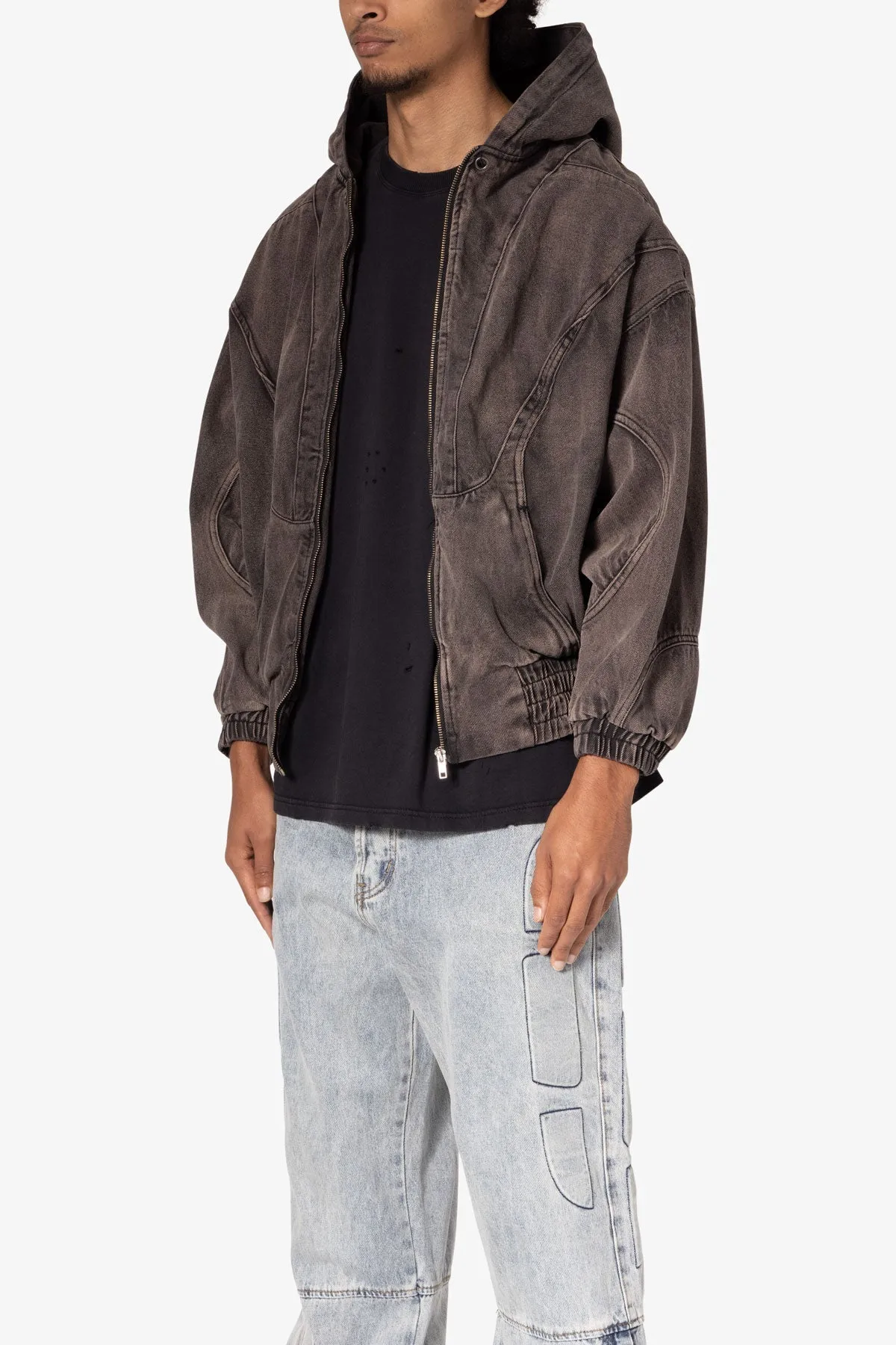 Cropped Baggy Bomber Hoodie - Washed Black