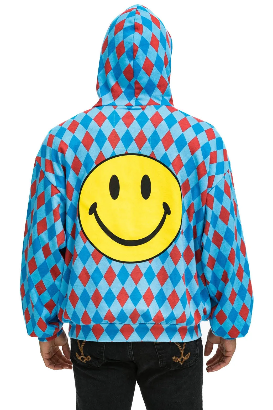 DIAMOND REPEAT SMILEY RELAXED PULLOVER HOODIE - SKY