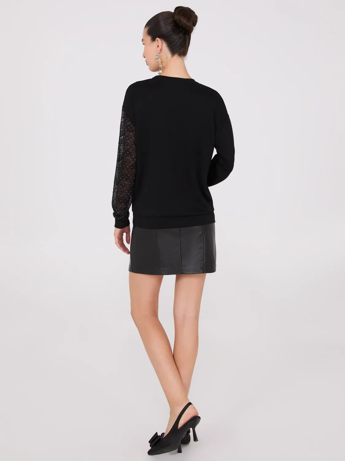 Drop Shoulder Sweater With Lace & Rhinestone Sleeve