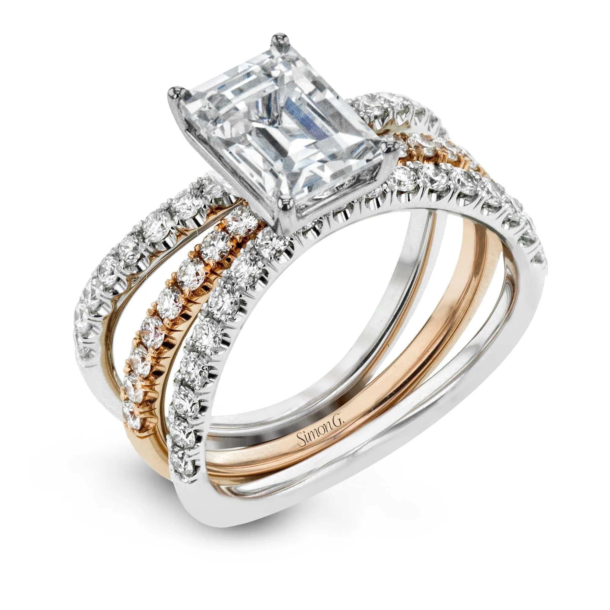 Emerald-cut Engagement Ring & Matching Wedding Band in 18k Gold with Diamonds