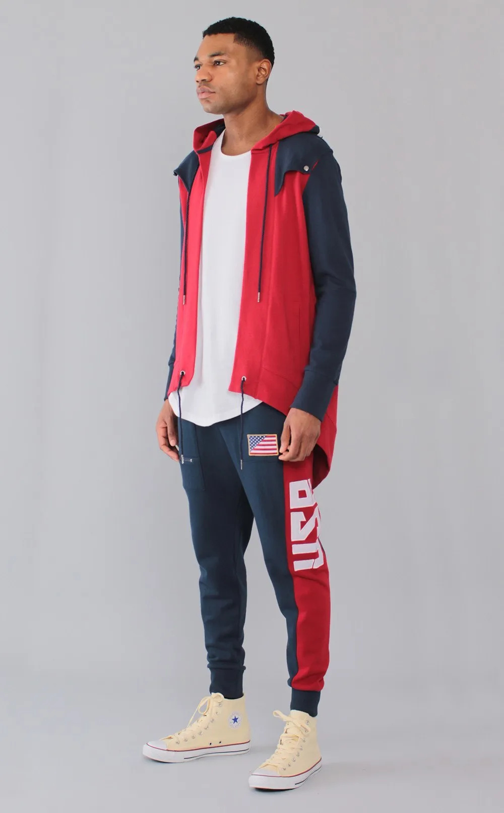 Entree LS Dual Layer Cape Style Navy And Red USA Hoodie