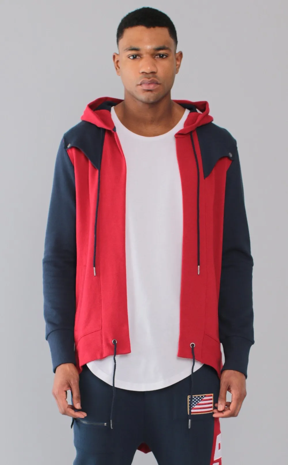 Entree LS Dual Layer Cape Style Navy And Red USA Hoodie