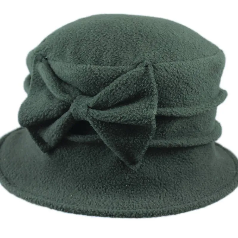 Fleece Cloche Hat with Bow ~ Olive Green