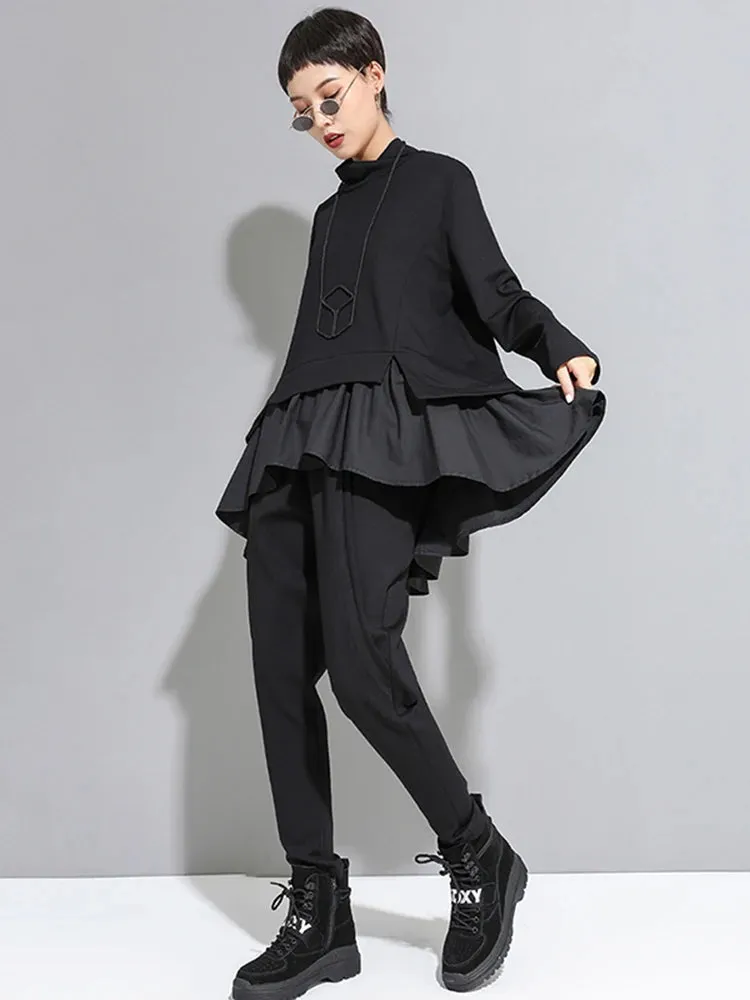 HEYFANCYSTYLE Black Asymmetrical Ruffles Shirt