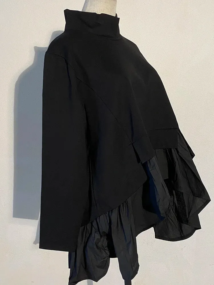 HEYFANCYSTYLE Black Asymmetrical Ruffles Shirt