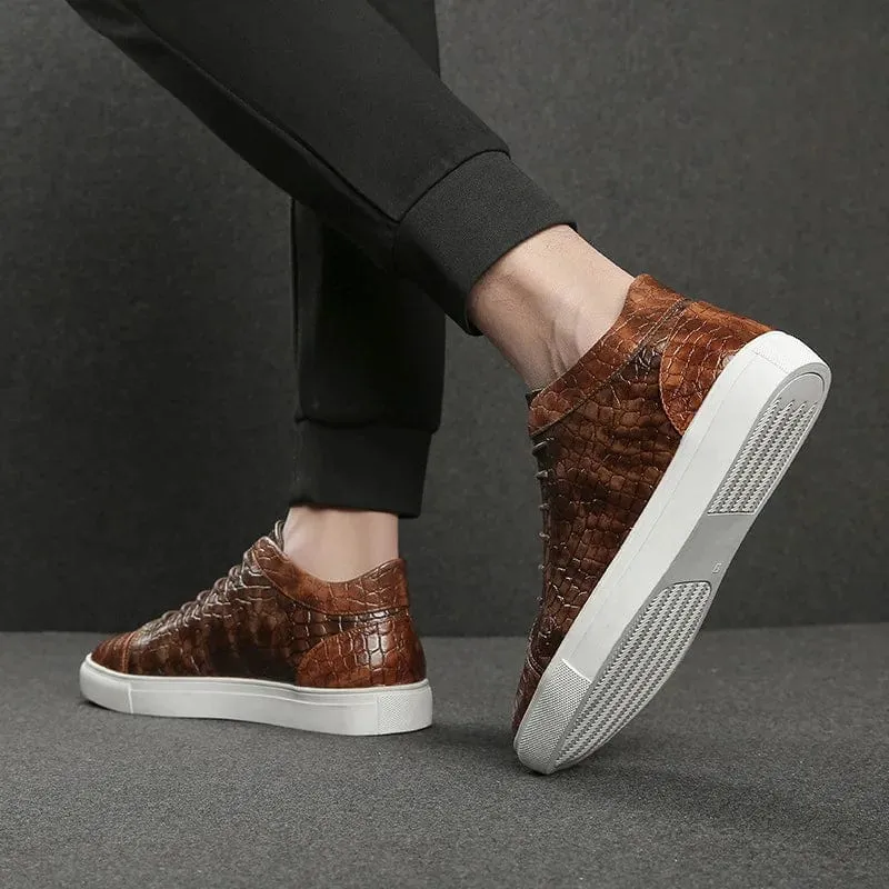 Luxury Men's Retro Brown Crocodile Leather High Top Sneakers | Lace-Up Non-Slip Vulcanized Shoes