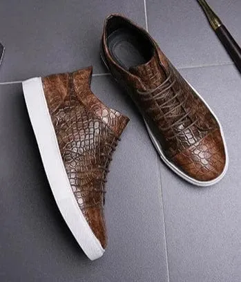 Luxury Men's Retro Brown Crocodile Leather High Top Sneakers | Lace-Up Non-Slip Vulcanized Shoes