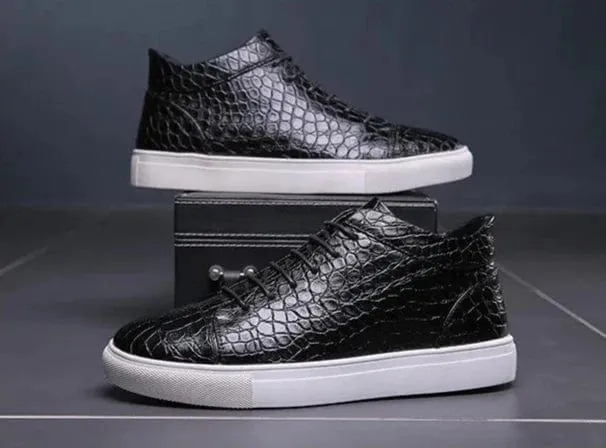 Luxury Men's Retro Brown Crocodile Leather High Top Sneakers | Lace-Up Non-Slip Vulcanized Shoes