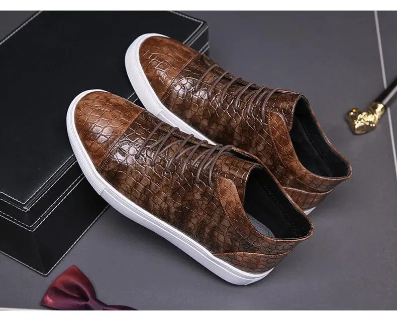 Luxury Men's Retro Brown Crocodile Leather High Top Sneakers | Lace-Up Non-Slip Vulcanized Shoes