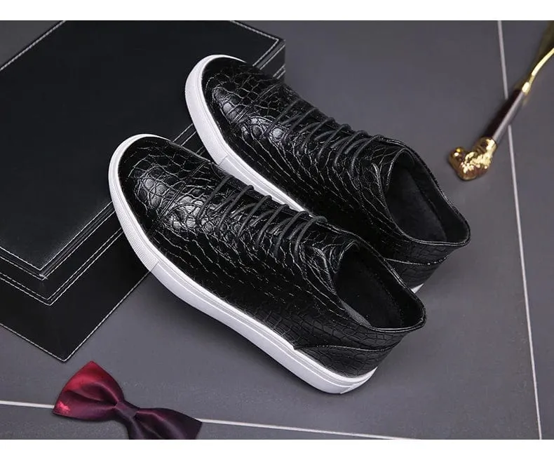 Luxury Men's Retro Brown Crocodile Leather High Top Sneakers | Lace-Up Non-Slip Vulcanized Shoes