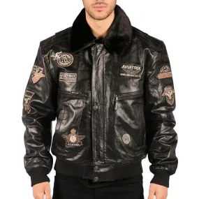 Mens Black Real Leather Bomber Aviator Badge Design Pilot Jacket Removable Fur Collar