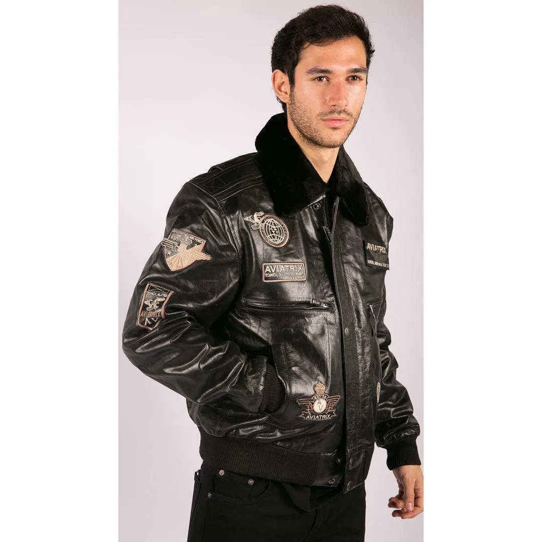 Mens Black Real Leather Bomber Aviator Badge Design Pilot Jacket Removable Fur Collar