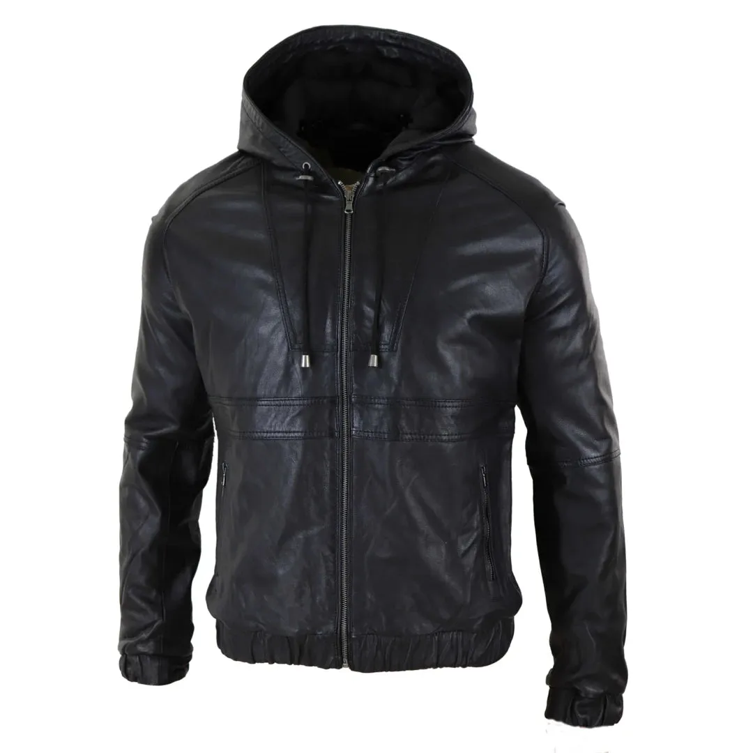 Men's Leather Hood Bomber Jacket Tan Brown Black Zipped