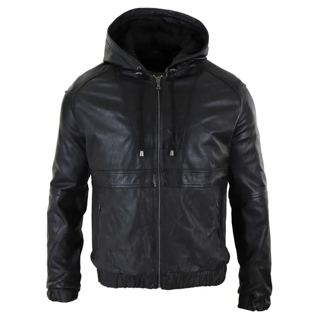 Men's Leather Hood Bomber Jacket Tan Brown Black Zipped