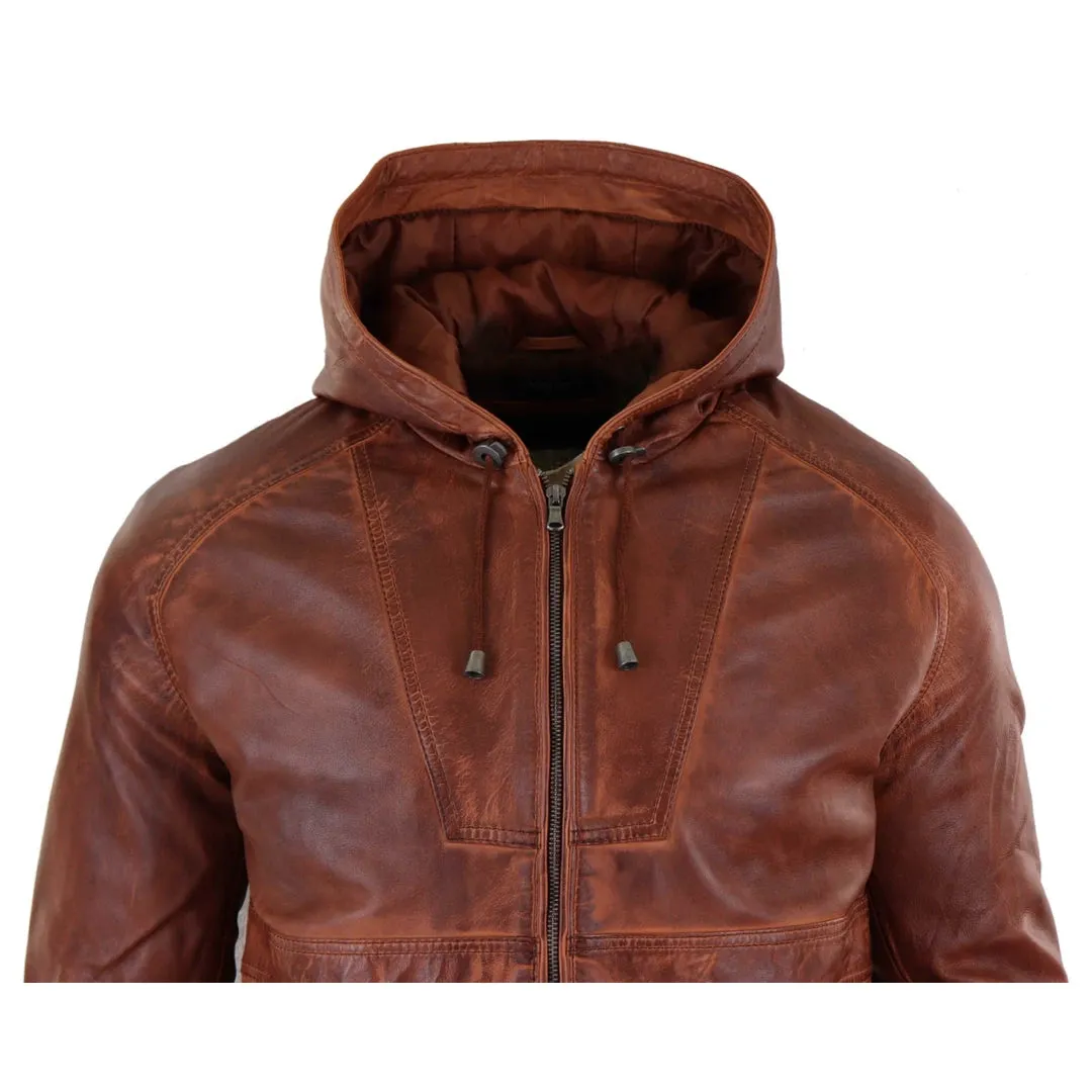 Men's Leather Hood Bomber Jacket Tan Brown Black Zipped