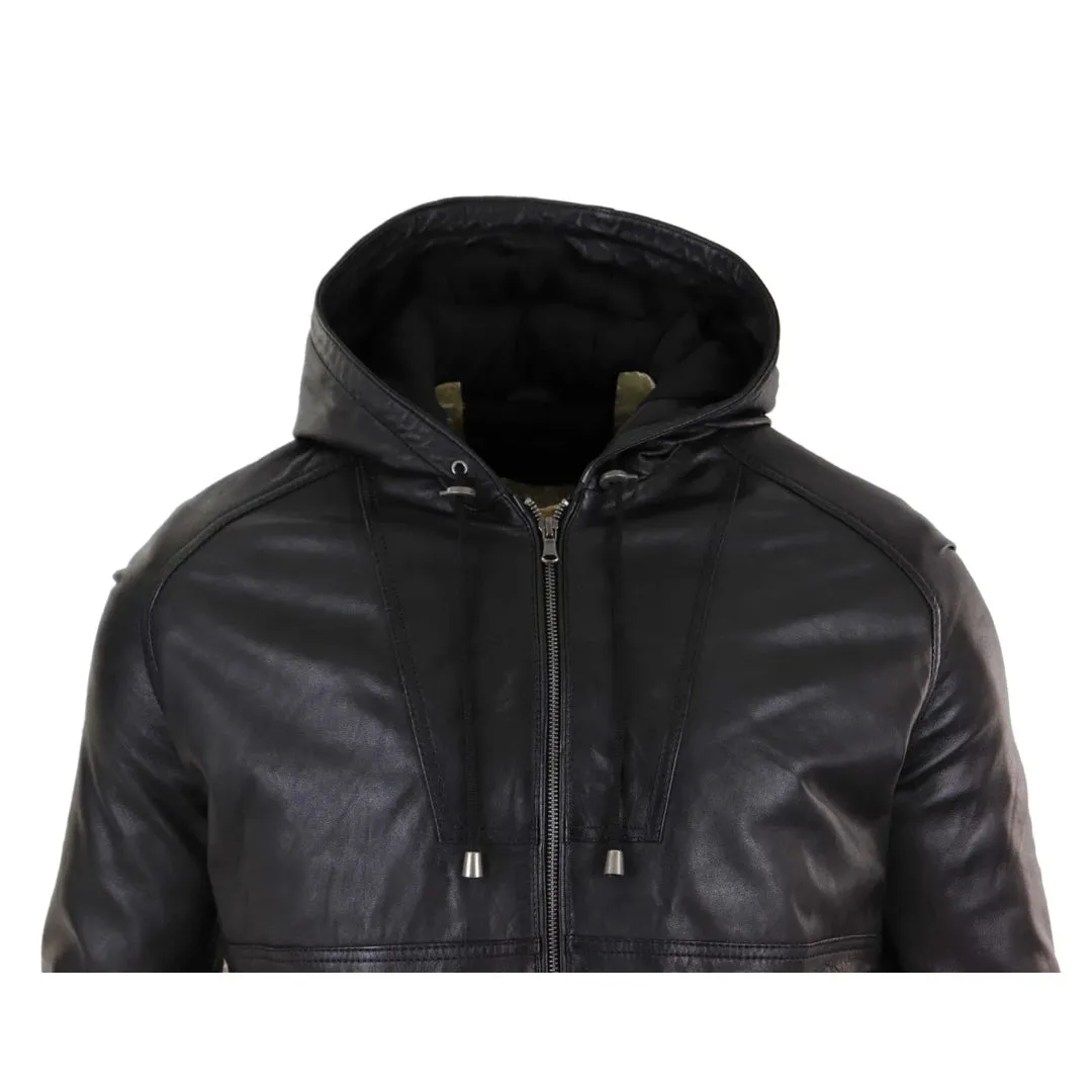 Men's Leather Hood Bomber Jacket Tan Brown Black Zipped