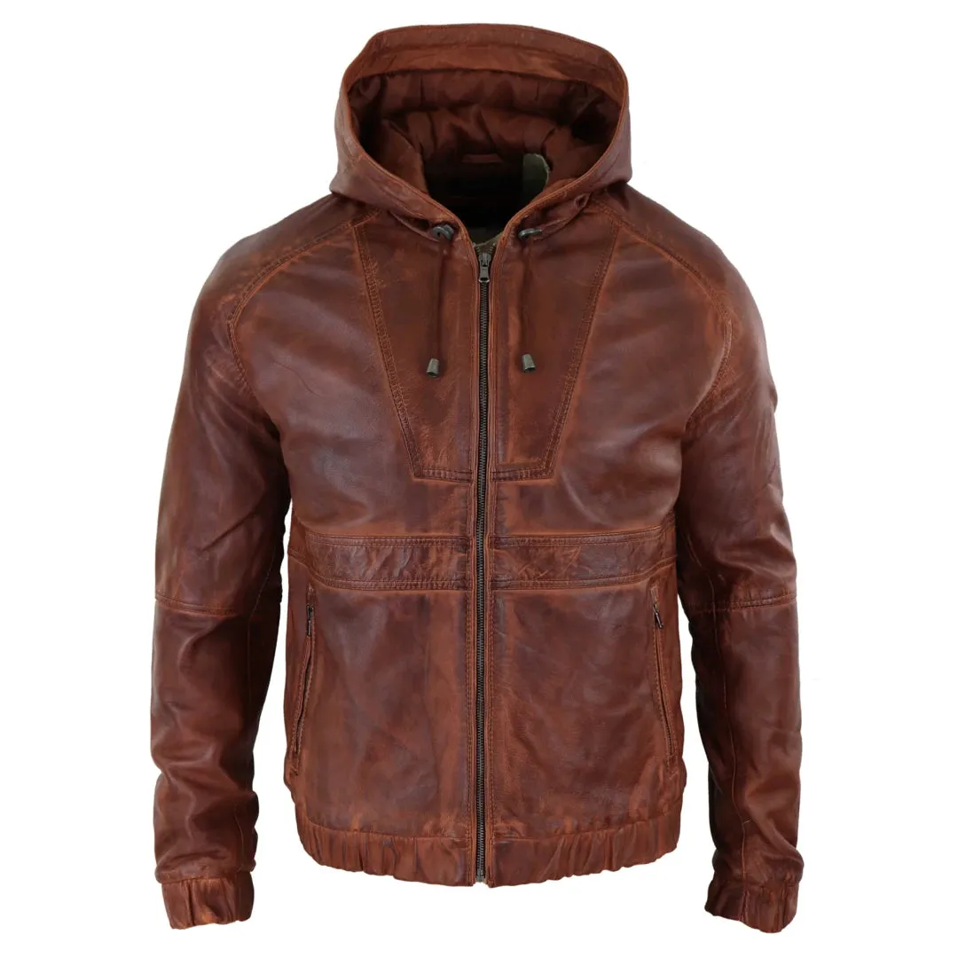 Men's Leather Hood Bomber Jacket Tan Brown Black Zipped