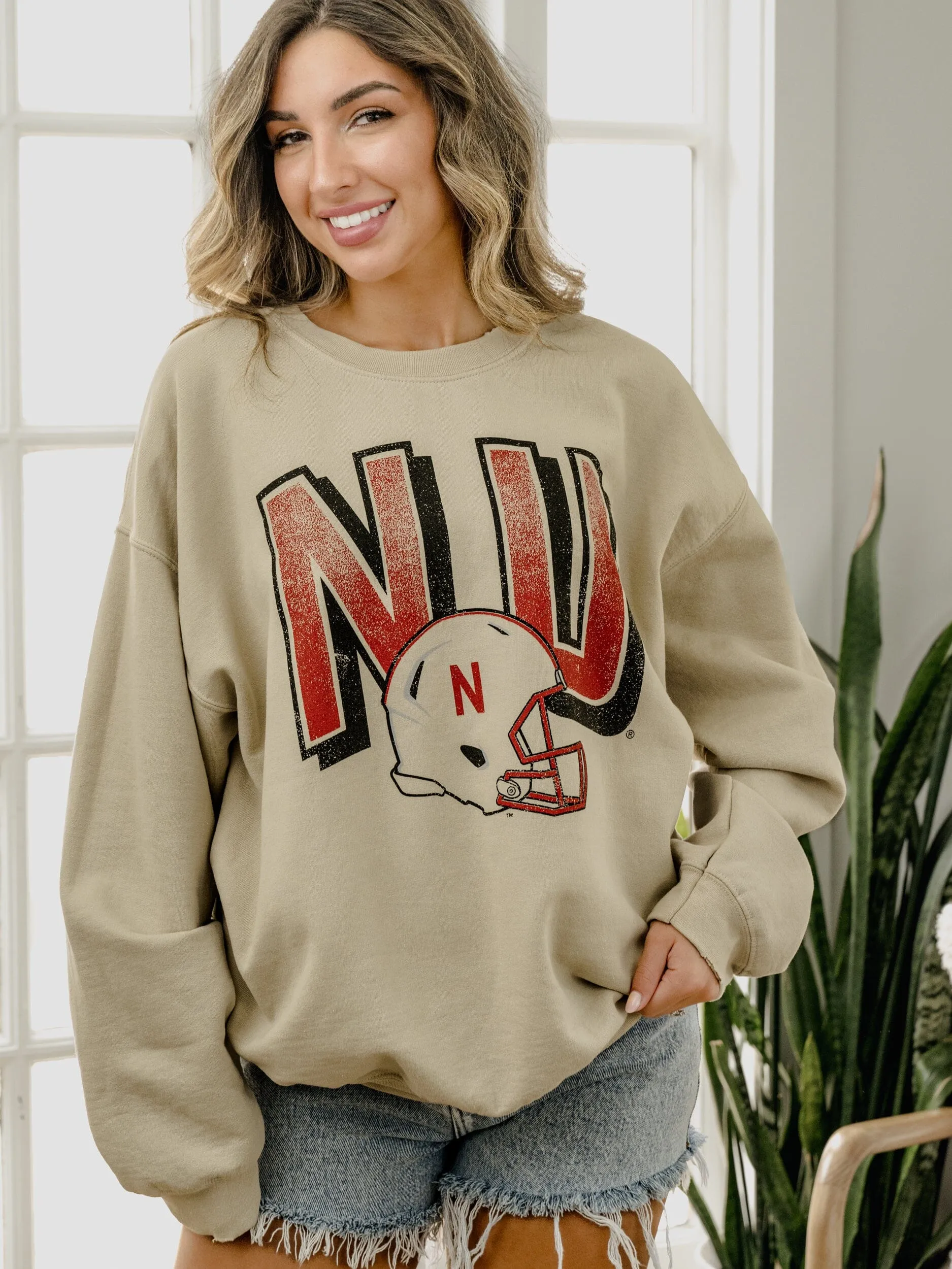 Nebraska Huskers Helmet Fade Sand Thrifted Sweatshirt