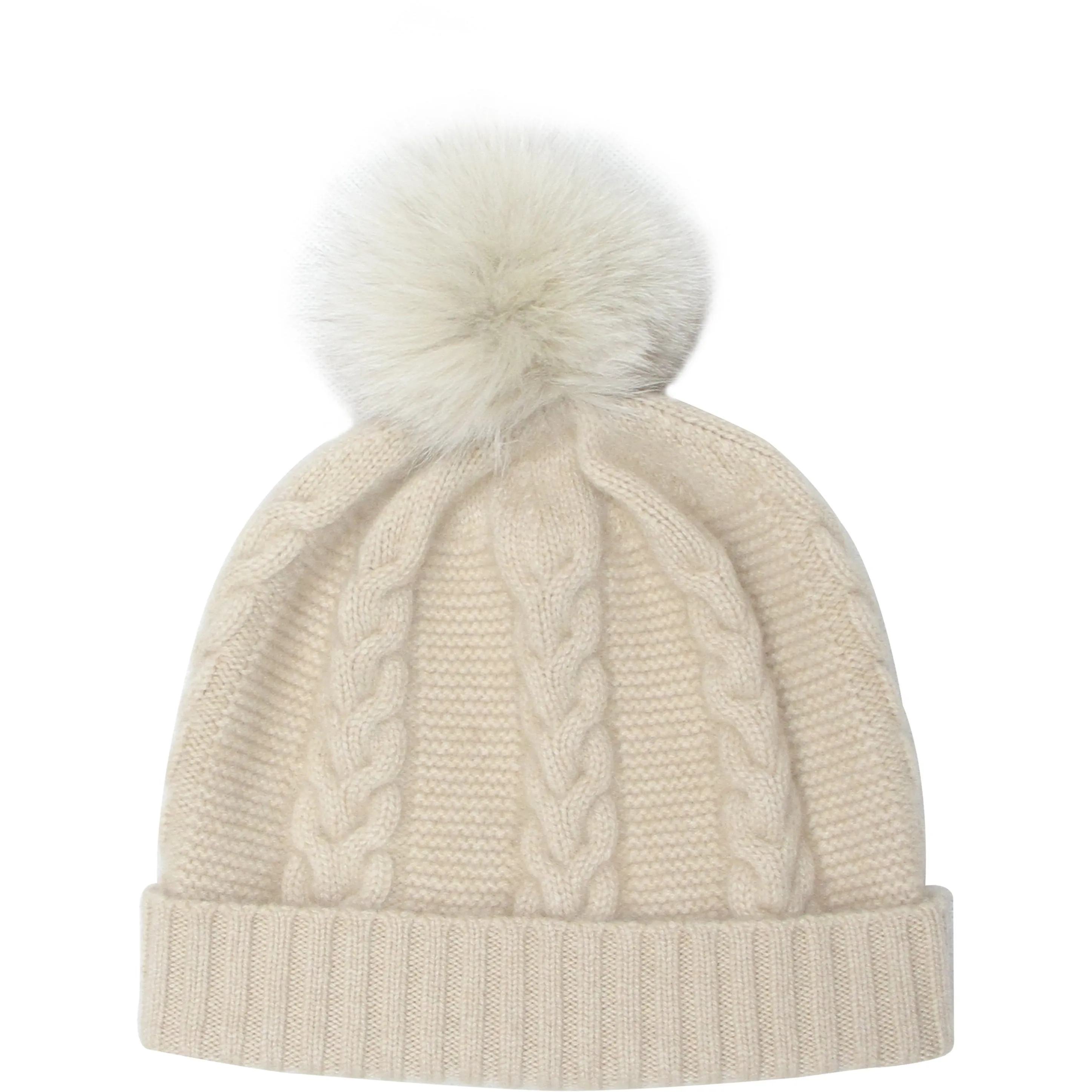 Pom-pom Cable Knit Cashmere Beanie Hat