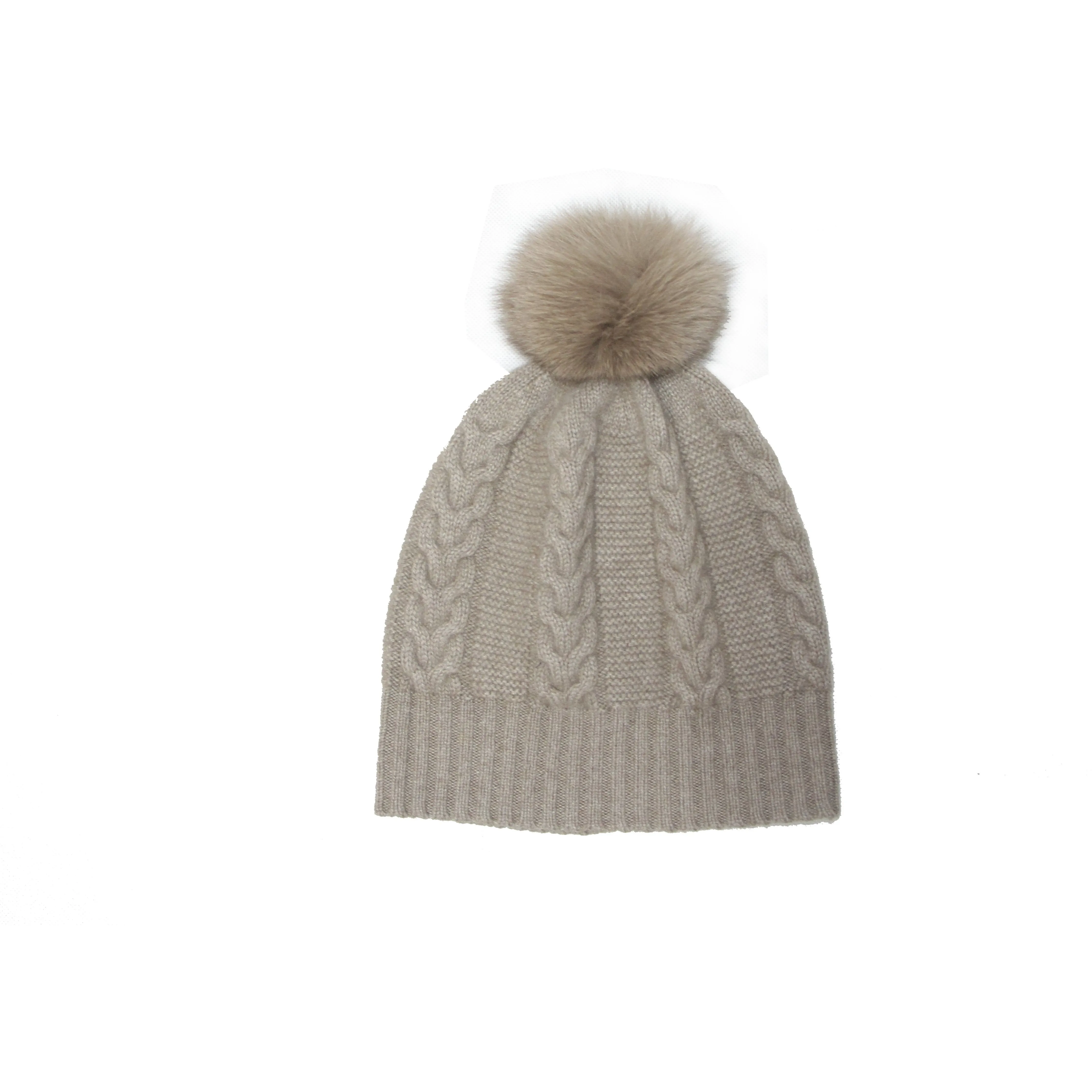 Pom-pom Cable Knit Cashmere Beanie Hat