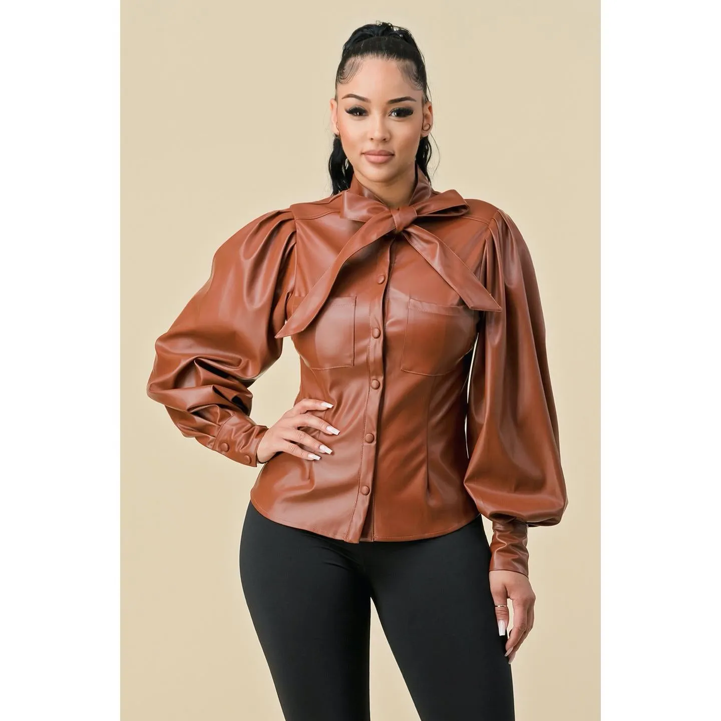 PU Leather Front Button Long Sleeve Top