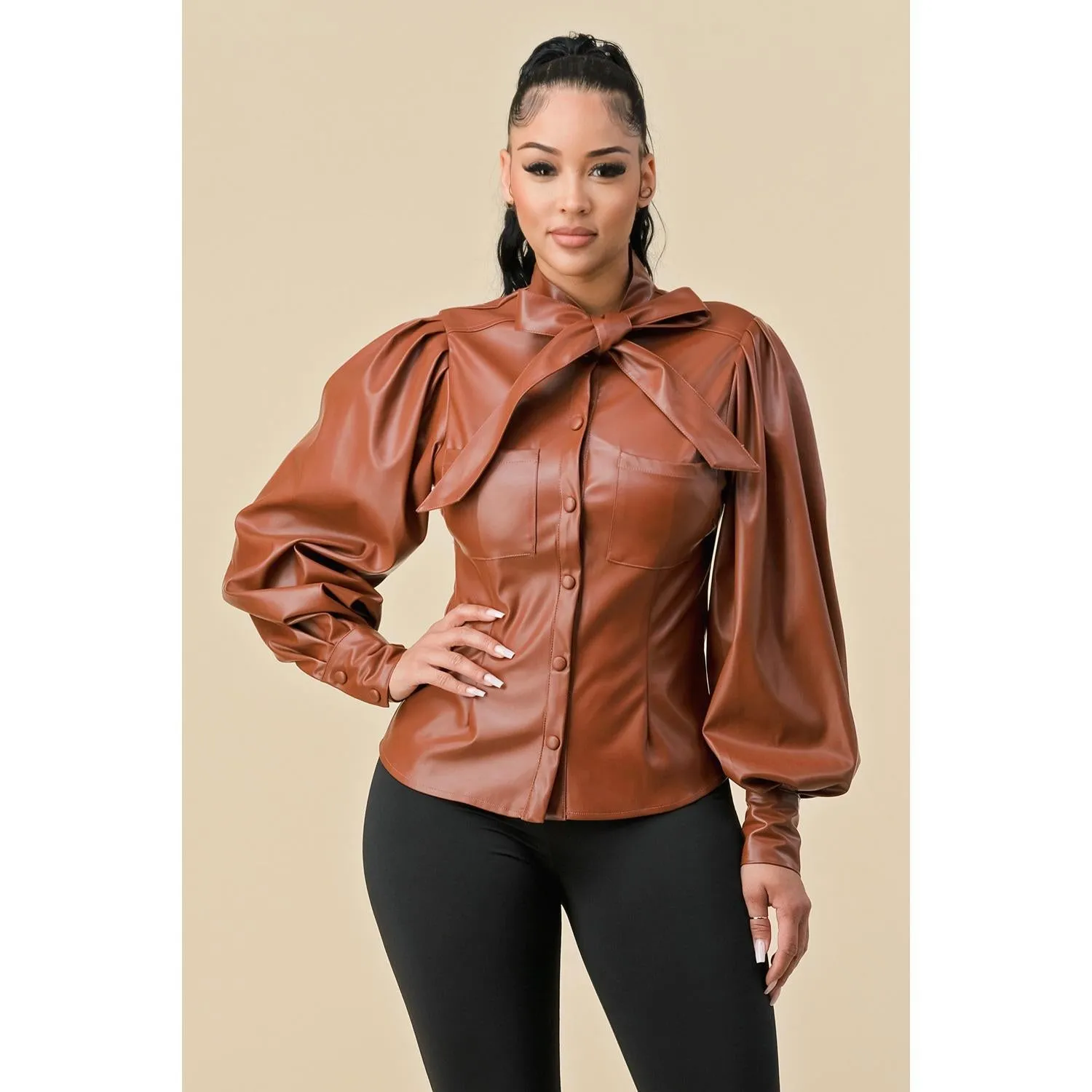 PU Leather Front Button Long Sleeve Top