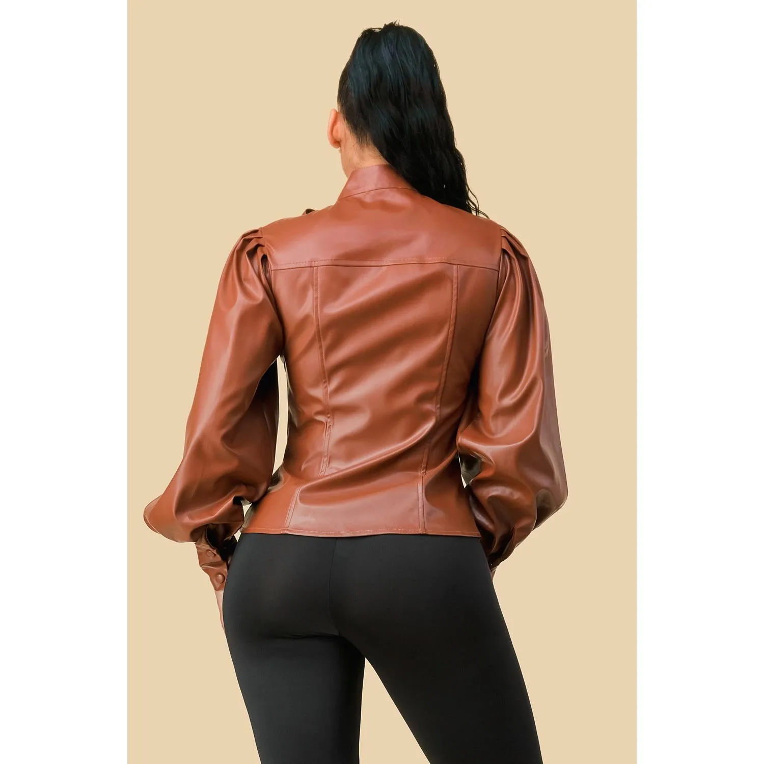 PU Leather Front Button Long Sleeve Top