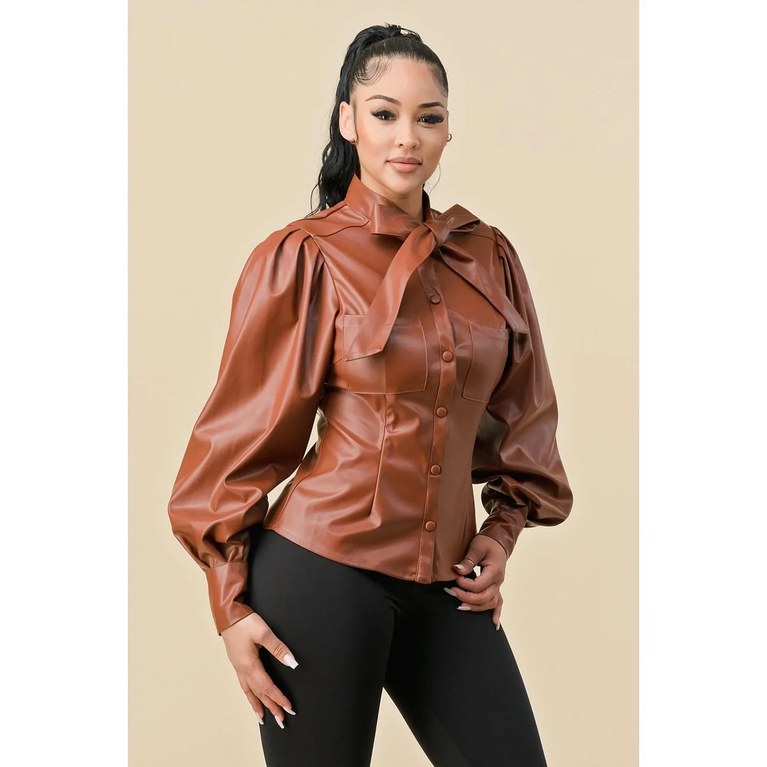 PU Leather Front Button Long Sleeve Top