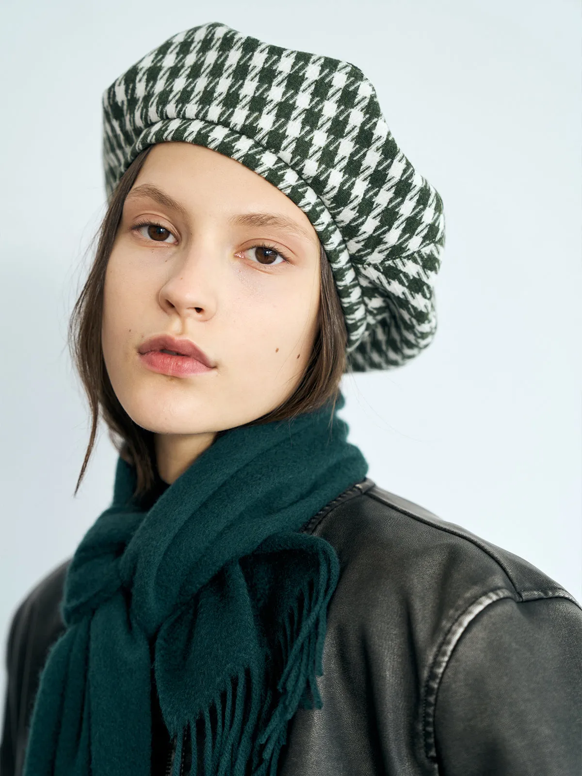 "Houndstooth" Beret Hat - Green