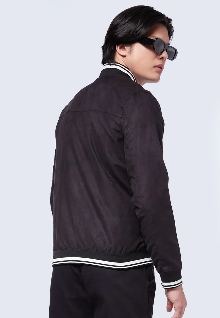 Suede Bomber Jacket with Striped Rib