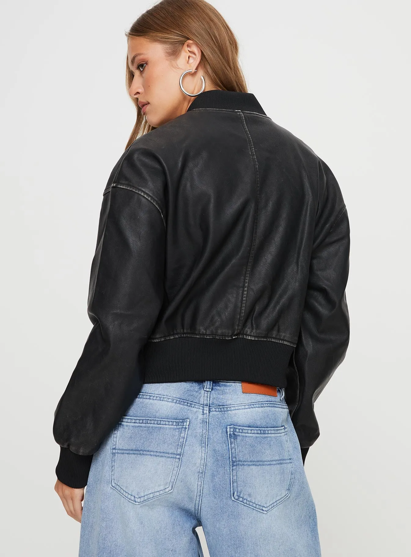 Sweet Disaster Faux Leather Cropped Bomber Jacket Black