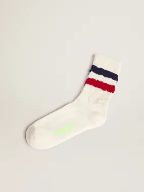 Vintage white socks with distressed details and two-tone stripes