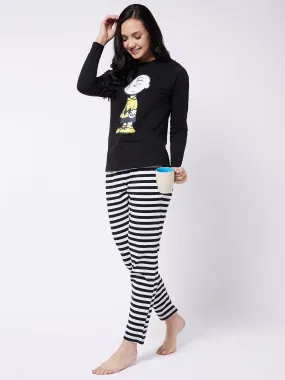 Vvoguish-Women--Graphic and Stripe Printed-Round Neck-Night Suit-VVCOEDFS2859BLKWHT