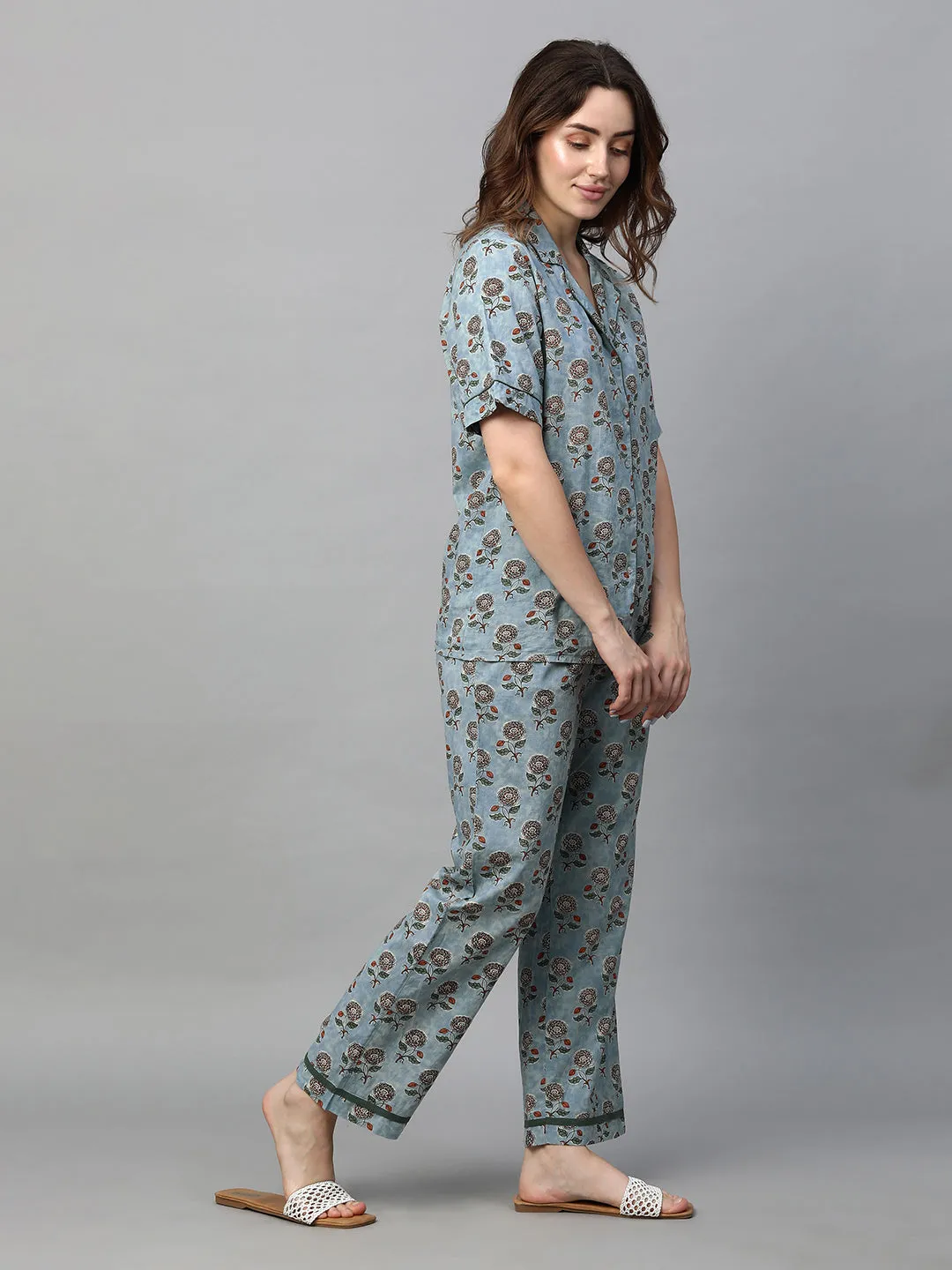 Women's Blue Cotton Regular Fit Pyjama Suit