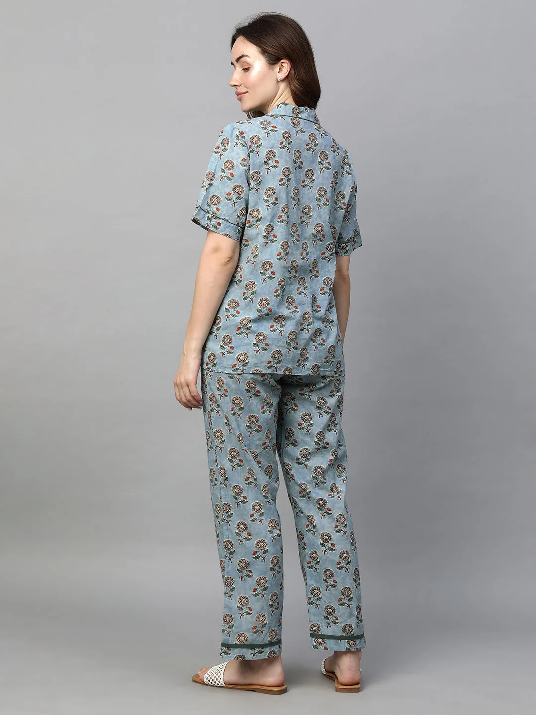 Women's Blue Cotton Regular Fit Pyjama Suit