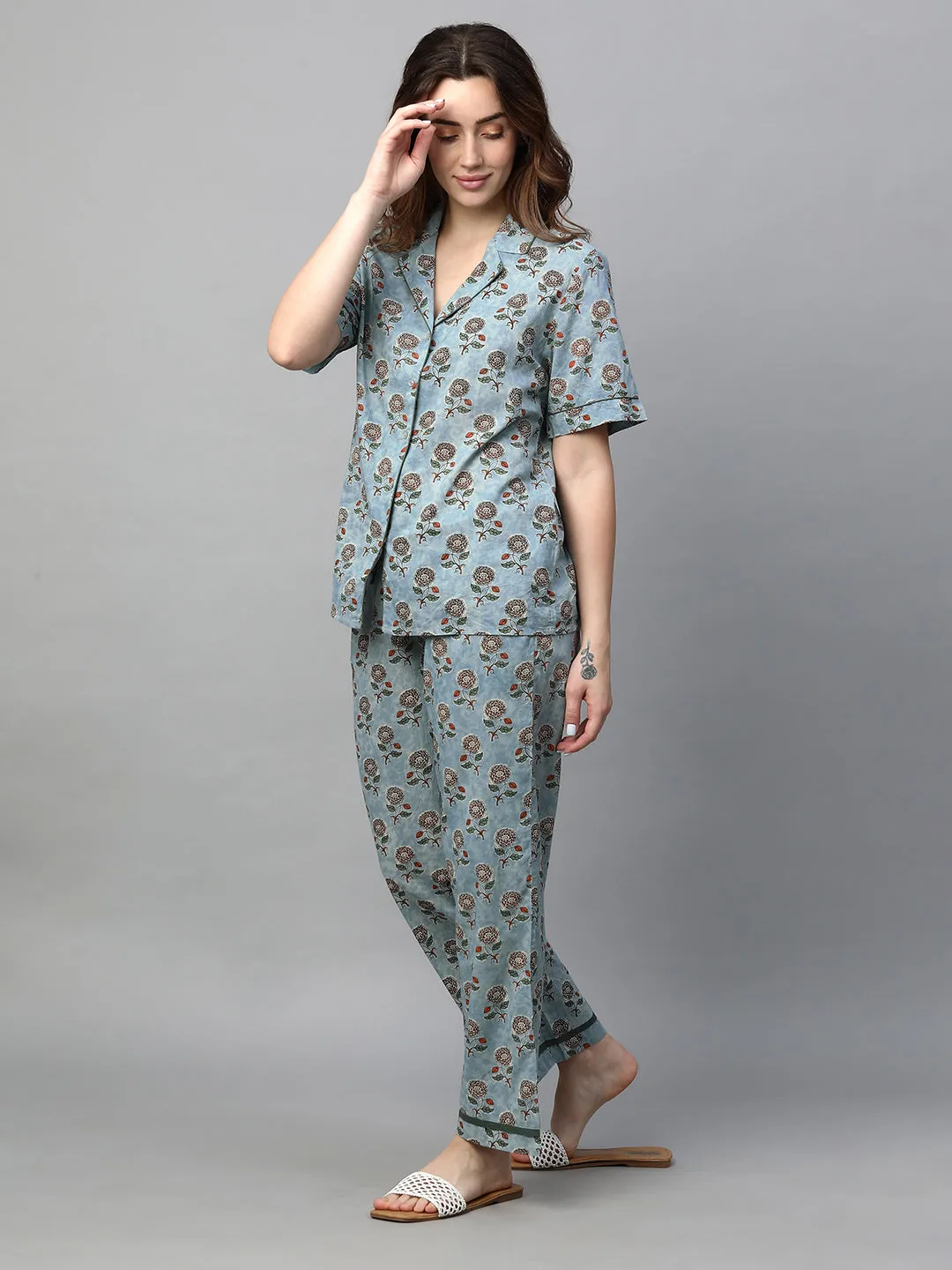 Women's Blue Cotton Regular Fit Pyjama Suit