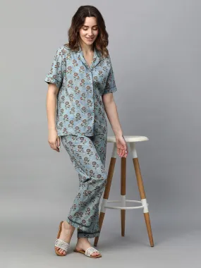 Women's Blue Cotton Regular Fit Pyjama Suit